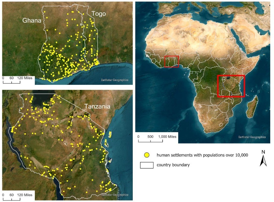 Study area maps showing 388 urban settlements across Ghana, Togo, and Tanzania.