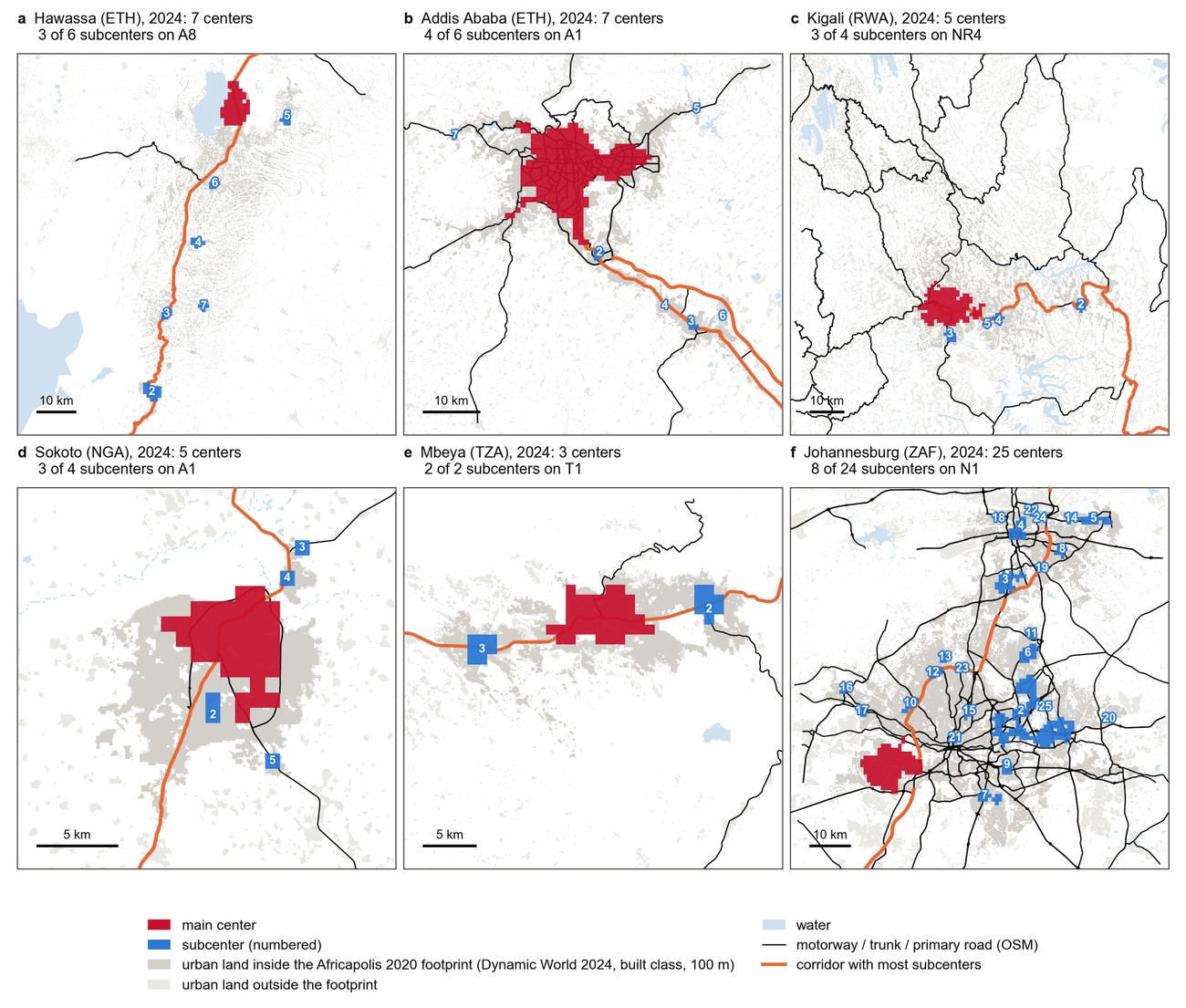 Six city maps showing main centers, numbered subcenters and the road corridor carrying most of them.